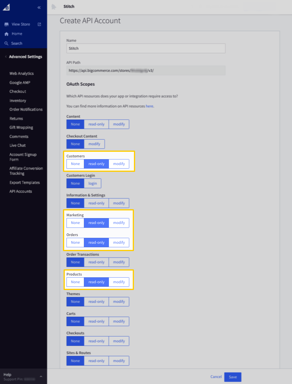 Click to enlarge. The BigCommerce Create API Account page, with required permissions highlighted.