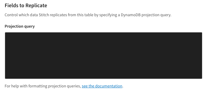 The Projection expression field in the Table Settings page in Stitch.