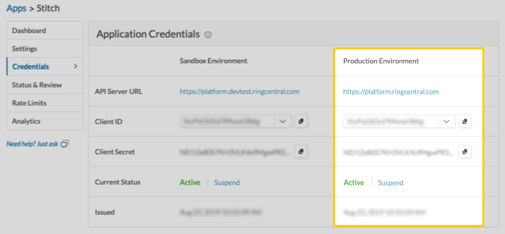 RingCentral Application Credentials page with the Production Environment column highlighted.